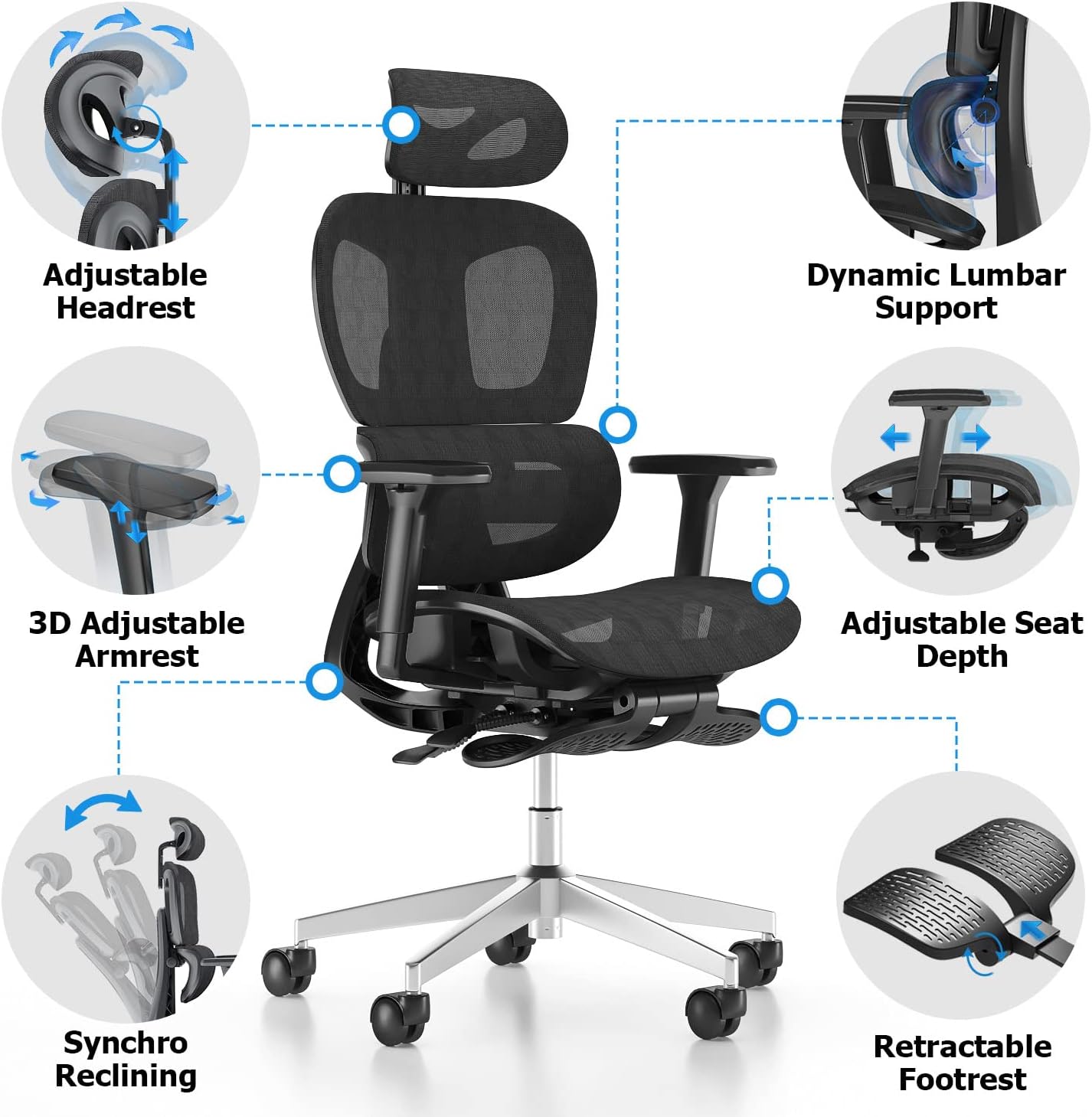 PatioMage Ergonomic Office Chair, Big and Tall Desk Chair with Adjustable Lumbar Support & Seat Depth, High Back Computer Chair, Swivel Mesh Chairs with Wheels for Home Office, Black