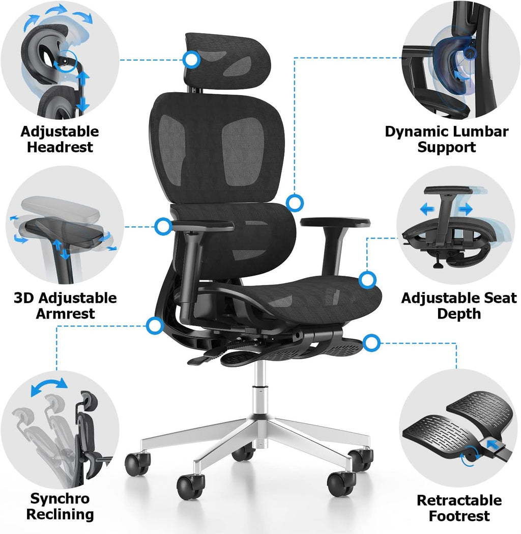 PatioMage Ergonomic Office Chair, Big and Tall Desk Chair with Adjustable Lumbar Support & Seat Depth, High Back Computer Chair, Swivel Mesh Chairs with Wheels for Home Office, Black