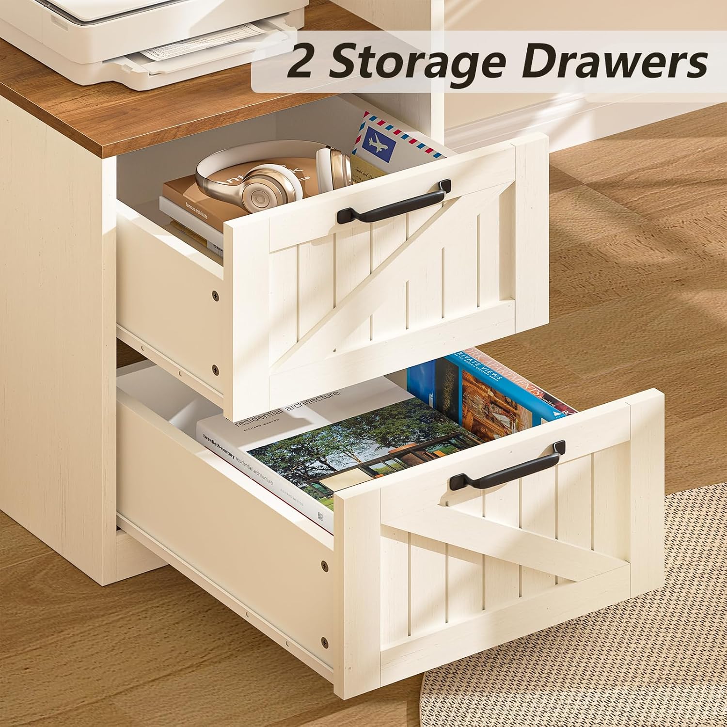 63" Farmhouse L Shaped Executive Desk with Drawers & Storage Shelf, Corner Computer Desk with Power Outlets, L Shaped Office Desk with Monitor Stand, Printer Shelf, Antique White