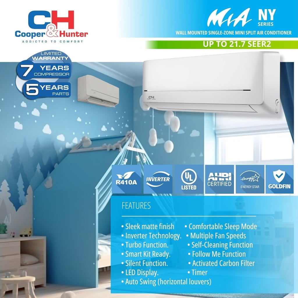 Cooper & Hunter 9,000 BTU 115V Single Zone Wall Mount Ductless Mini Split Air Conditioner & Heat Pump – 21.5 SEER2 – 16FT Installation Kit – R-410A Refrigerant Pre-Charged – Inverter