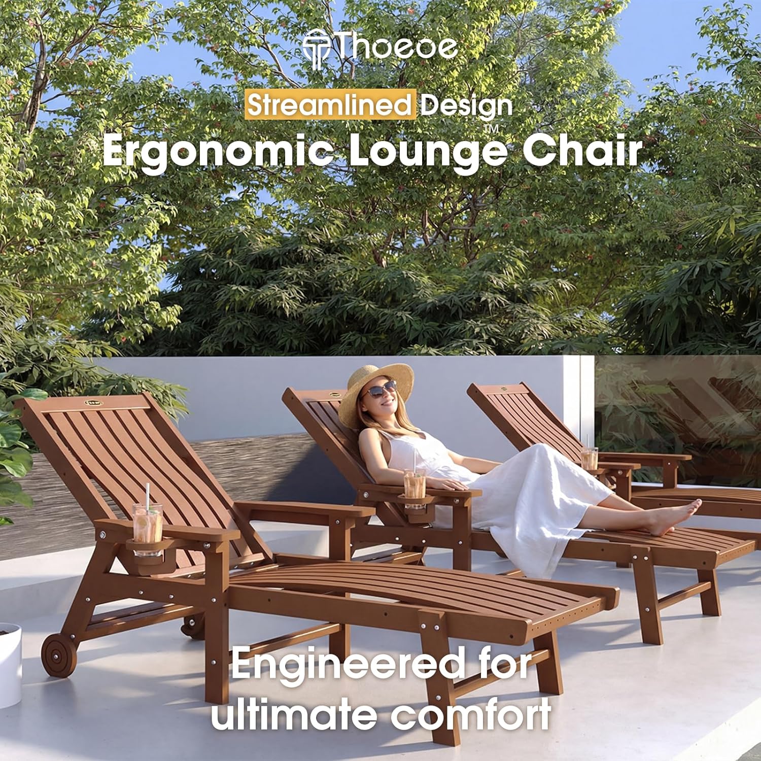 Patio Chaise Lounge Chair  Oversized Lounge Chair Outdoor with 5 Positions  HDPE  Patio Lounge Chair with Wheels & Cup Holder for Pool  Deck  Poolside Wood