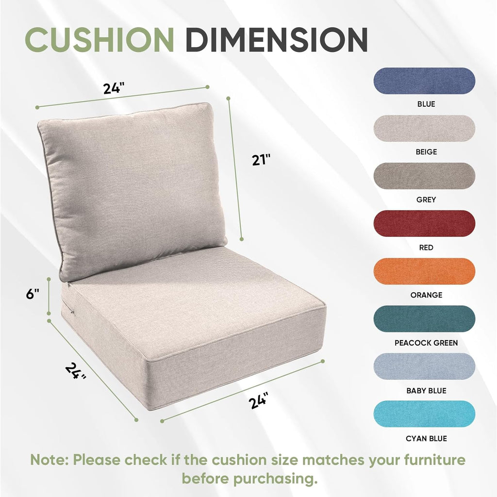 Outdoor Chair Cushions Set of 3  Waterproof 24x24 Patio Chair Cushion  6" Thickened Seat Cushion for Outdoor Furniture  Couch Cushion Replacement  Include 3 Back & 3 Seat Cushions  Thick/Beige