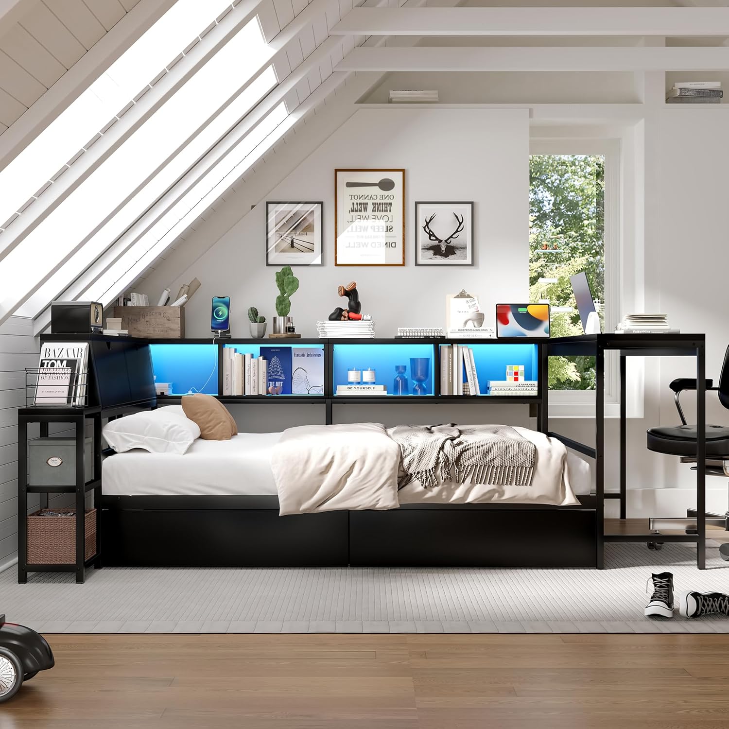 Bellemave Full Corner Bed Frame with Desk and Storage, Full Size Captains Bed with Charging Station and LED Light, Wood Daybeds with L-Shaped Bookcase and 2 Drawers, Black