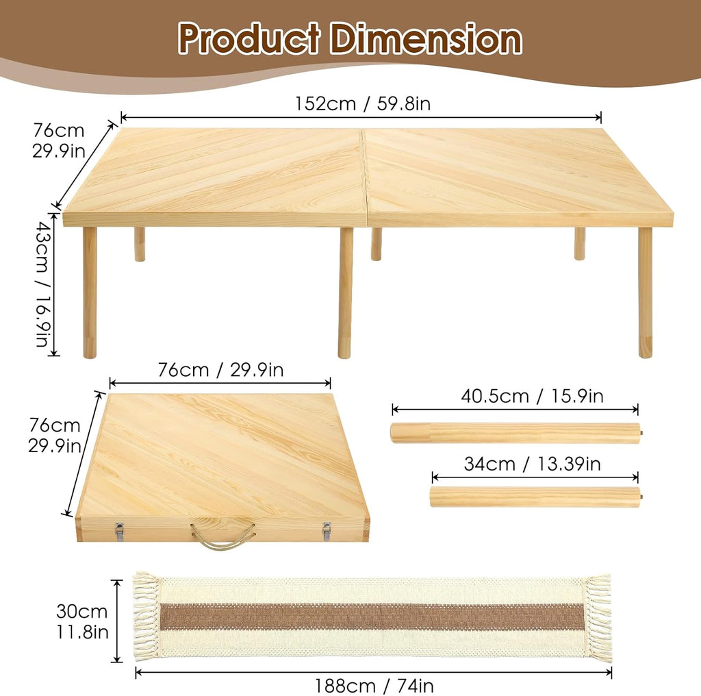 Folding Picnic Table with Table Runner  Portable Boho Low Picnic Table for Indoor Outdoor  60" x 30" Wooden Table with Adjustable Heights for Camping  Wedding  Beach  Garden  Party(Large Size for 6)