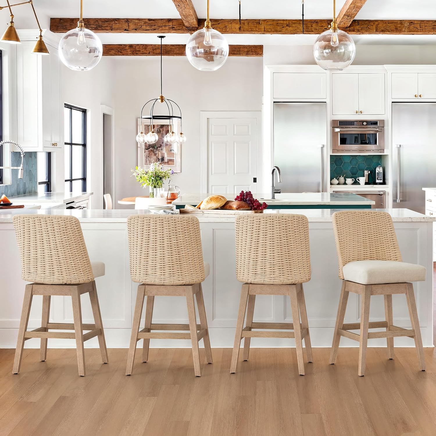 LUE BONA Rattan Bar Stools Set of 3, 27” Swivel Wooden Bars Stools with Thick Linen Seat, Handwoven Back & Wooden Leg, Counter Height for Kitchen Island, Apricot