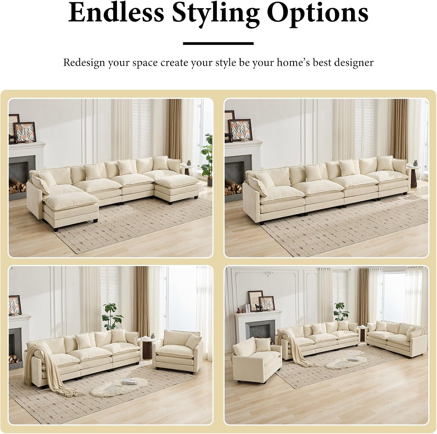 111.5" Beige Modular Sectional Sofa, 3 Seater Large Sectional Couches for Living Room, Ivory Off-White Chenille Fabric Oversized Cloud Couch with Ottoman, Modern Sofas Set, Sofas para Sala, U Shaped