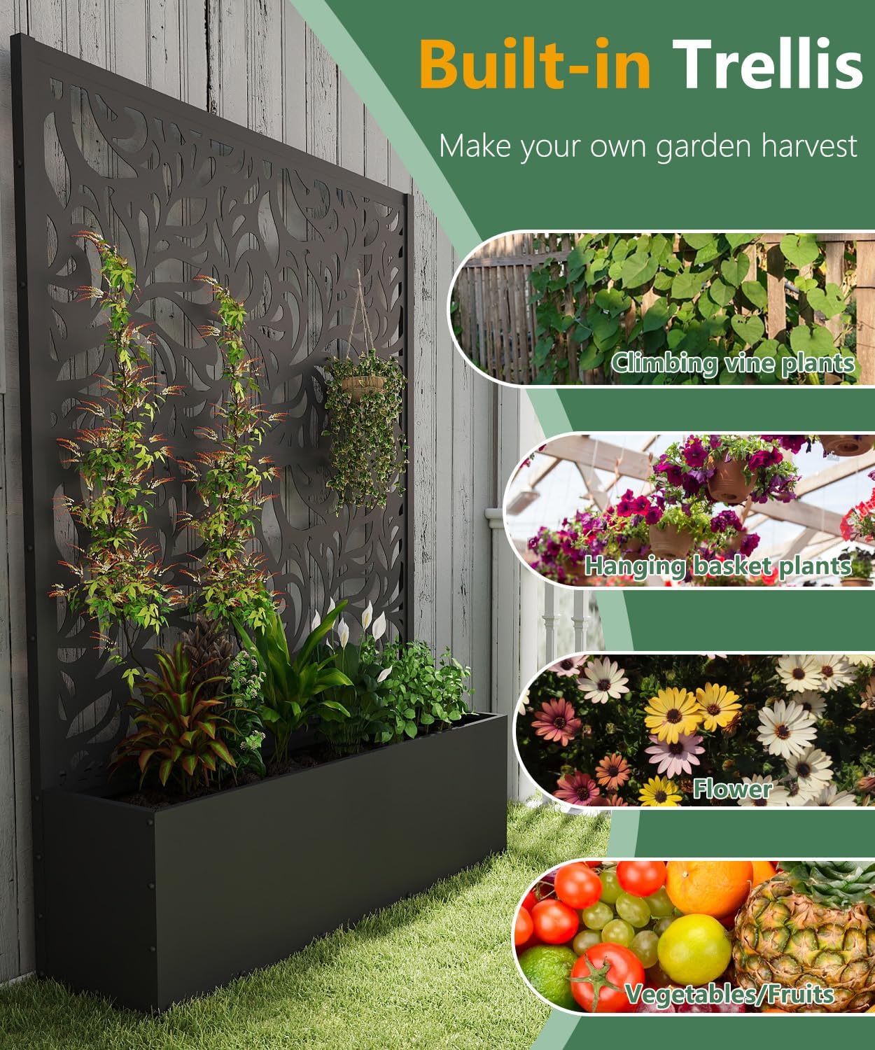 2PCS Metal Planter Box with Trellis 70.9"x47.2"x15.7" Raised Garden Bed with Drainage Holes  Privacy Planters for Outdoor Garden Bed for Climbing Plants Vegetables and Vines  Black-Flower