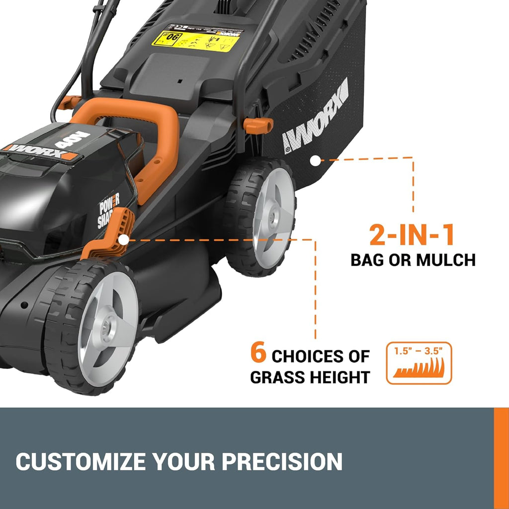 WORX 14" Cordless Lawn Mower  2 in 1 Electric Mower Cuts Quietly  Compact & Lightweight Push Lawn Mower with 6-Position Height Adjustment for Small Yards  2 Batteries & Charger Included  WG779
