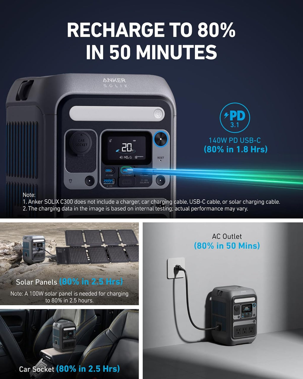 Anker Portable Power Station SOLIX C300  288Wh LiFePO4 Battery  300W (600W Surge) Solar Generator  140W Two-Way Fast Charging  for Outdoor Camping  Traveling  and Emergencies (Solar Panel Optional)