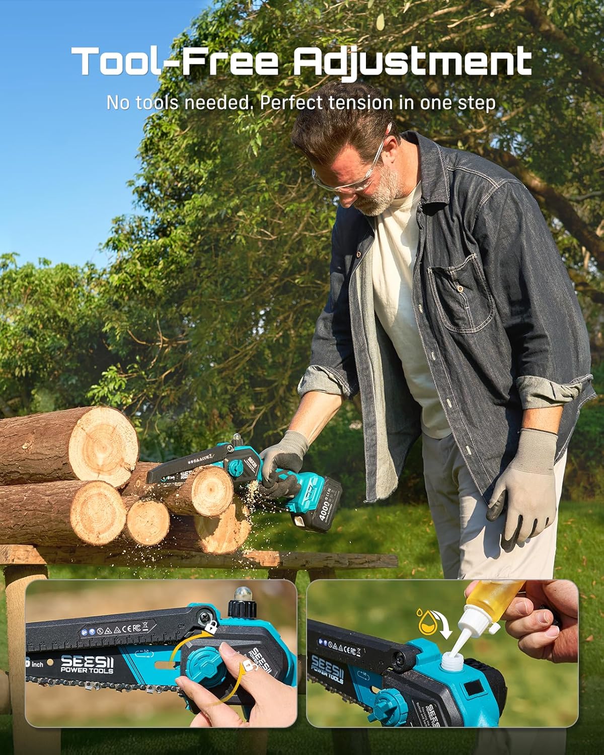SEESII 2-in-1 Electric Pole Saws: Brushless Mini Chainsaw Cordless 6 Inch  2 x 4000mAh Batteries  Pole Saw for Tree Trimming Hand held Chain Saw with Extension Pole for Tree Limb Branch Cutter P6 Ace
