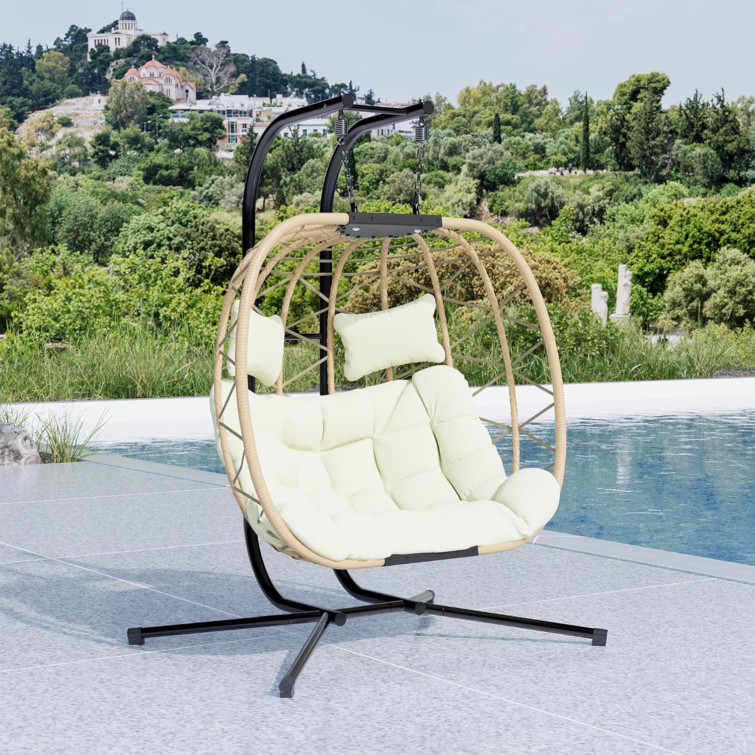 DoubleTT Double Swing Egg Chair with Stand  Oversized 2 Person Indoor Outdoor Wicker Patio Basket Hanging Chair with Beige Cushion 550 LBS Capacity for Bedroom Balcony