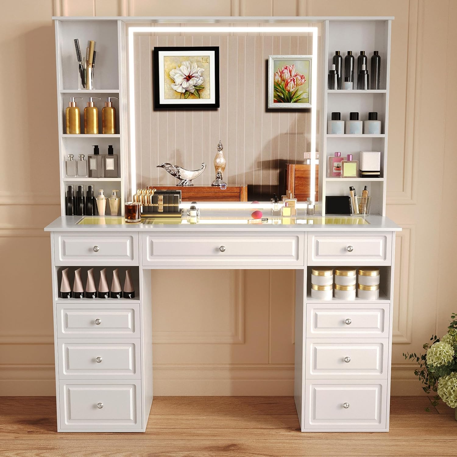 Vanity Desk with Mirror and Lights, Glass Top Dressing Table with 9 Drawers,European Style Vanity Table, Crystal Ball Knobs, White Makeup Desk (White-Glass Top)
