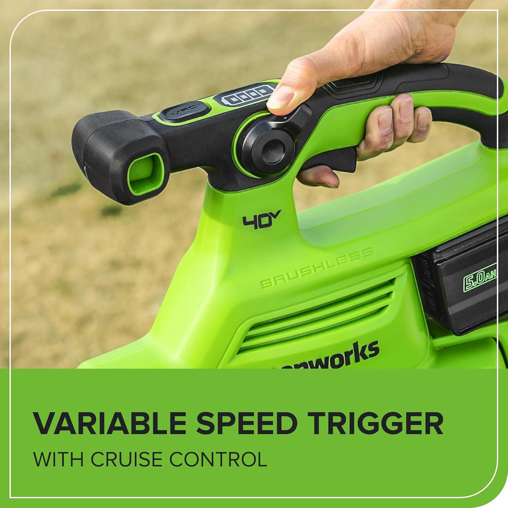 Greenworks 40V (230 MPH / 505 CFM) Cordless Brushless Leaf Blower/Vacuum with Bag  High Power  Lightweight & Quiet for Yard Debris Cleanup  Includes 5.0Ah Battery & Charger