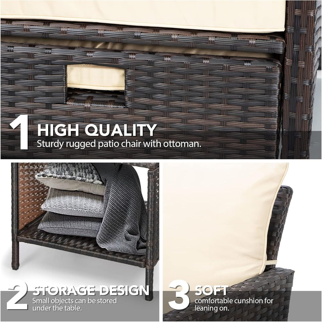 LEVELEVE Balcony Furniture 5 Piece Patio Conversation Set  PE Wicker Rattan Outdoor Lounge Chairs with Soft Cushions 2 Ottoman&Glass Table for Porch  Lawn-Brown Wicker