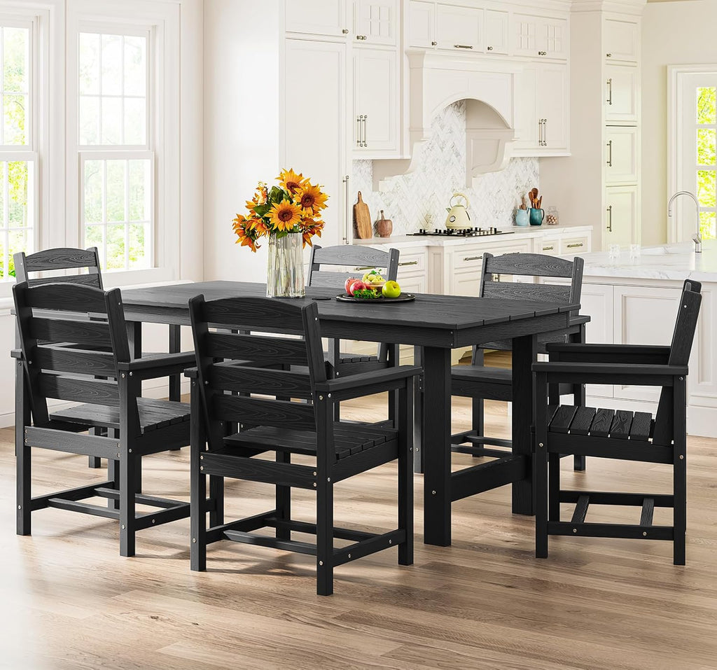SERWALL 7-Piece Patio Dining Table Sets  Outdoor HDPE Dining Furniture Set with Umbrella Hole Cut-Out Table and 6 Chairs  Black