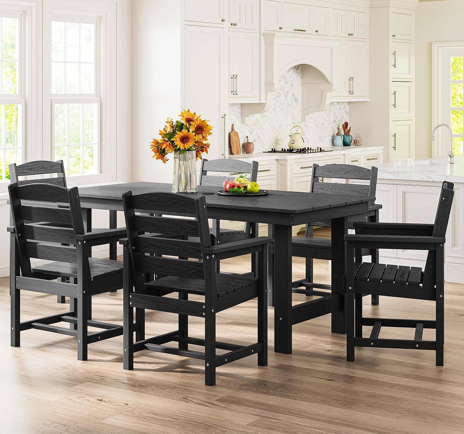 SERWALL 7-Piece Patio Dining Table Sets  Outdoor HDPE Dining Furniture Set with Umbrella Hole Cut-Out Table and 6 Chairs  Black