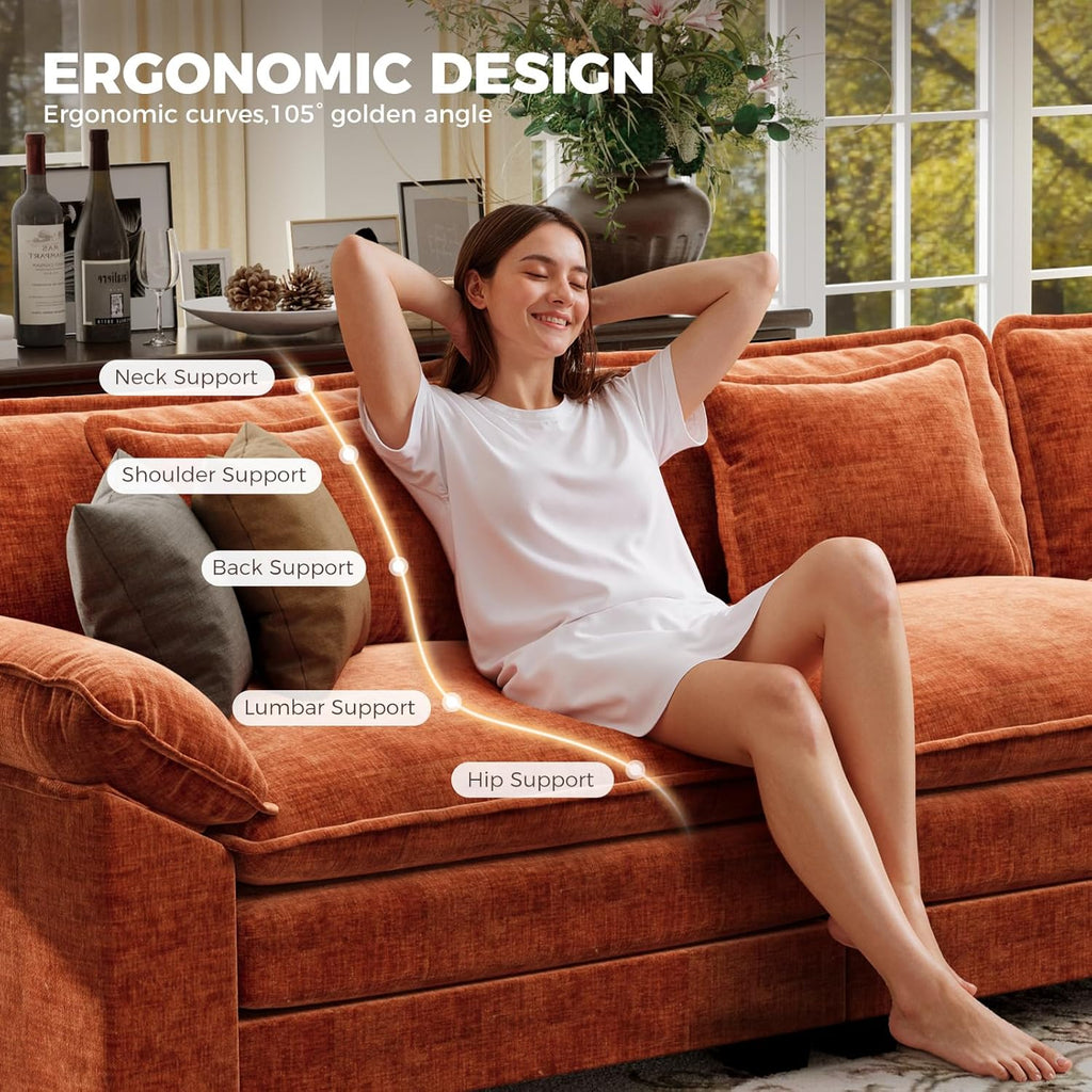 CDCASA 86" Modular Sectional Sofa, Comfy L-Shaped Cloud Couch with Movable Ottoman, 3-Seater Chenille Deep Seat Modern Sofa Couch for Living Room, Terracotta Orange