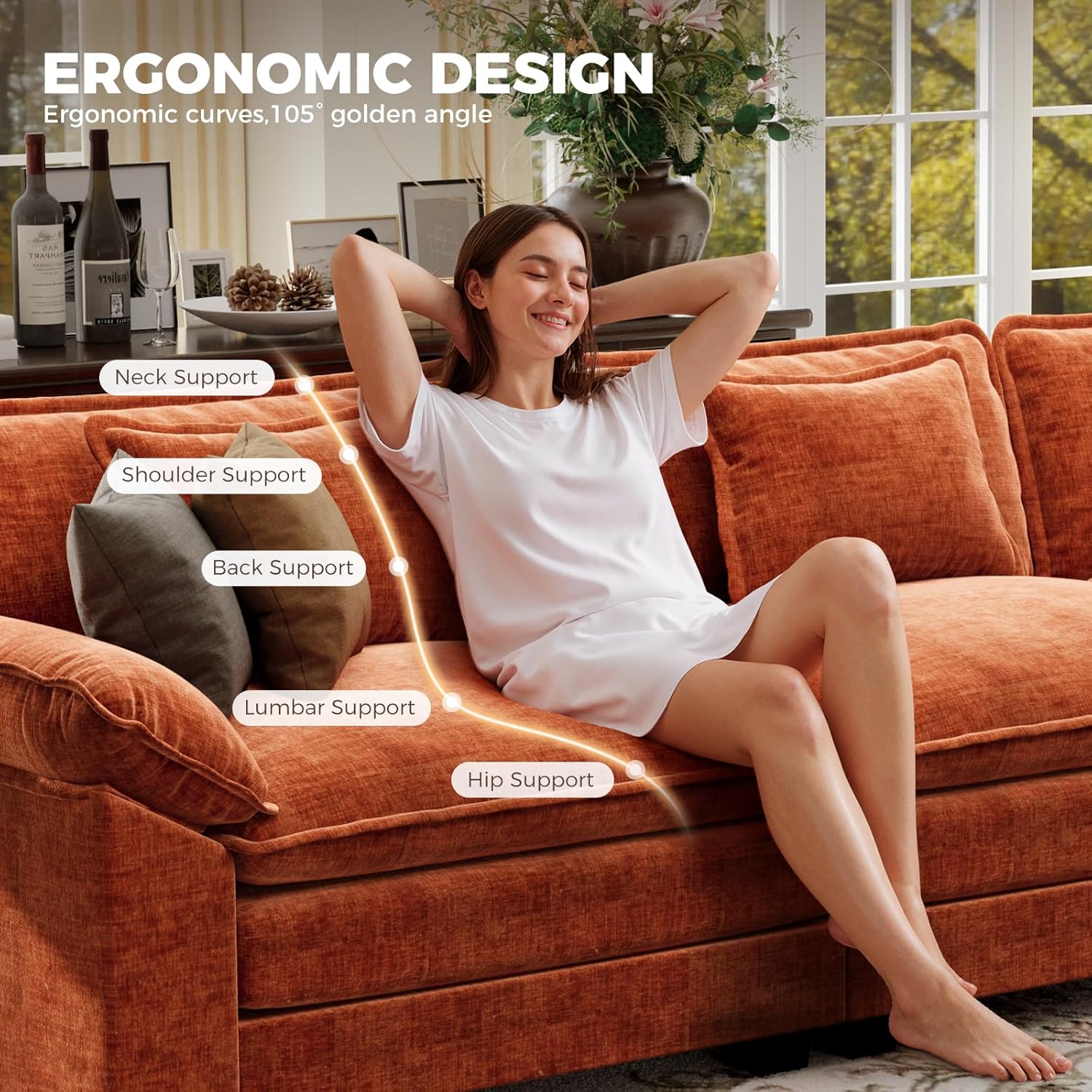 CDCASA 86" Modular Sectional Sofa, Comfy L-Shaped Cloud Couch with Movable Ottoman, 3-Seater Chenille Deep Seat Modern Sofa Couch for Living Room, Terracotta Orange