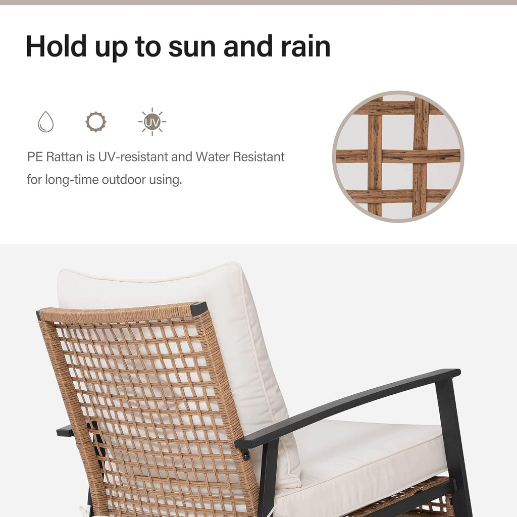 LAUSAINT HOME 3-Piece Rocking Bistro Set  Outdoor Patio Furniture with Thick Cushions and 2-Tier Coffee Table  Oversize Rattan Conversation Set for Garden  Balcony  Backyard (Beige)