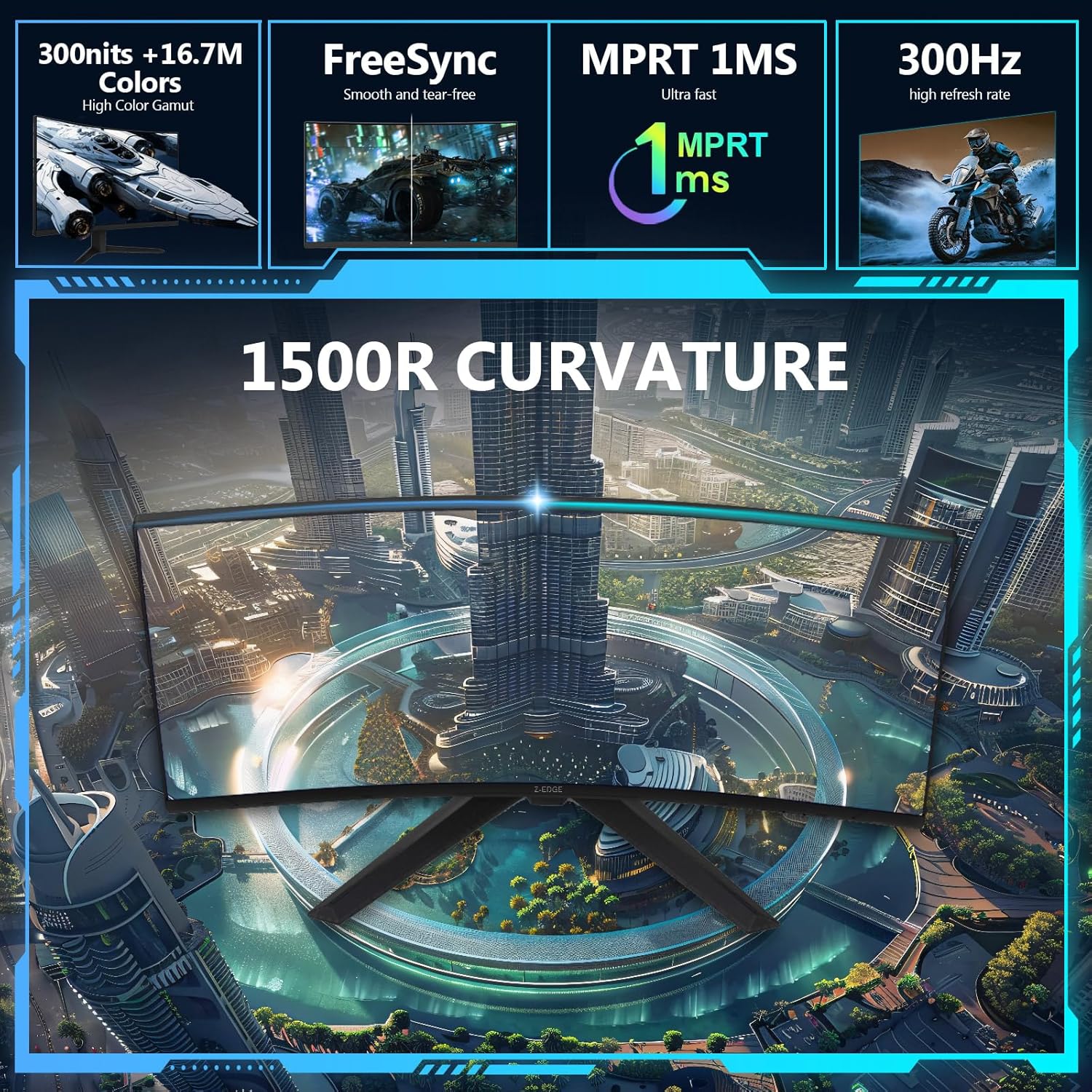 Z-Edge 27 inch Curved Gaming Monitor  FHD 1080P 300Hz 280Hz 240Hz Curved Monitor 1500R Computer Monitor  MPRT 1ms Monitor  FreeSync  Low Blue Light 16.7M Colors  UG27S 2X DP and 2X HDMI