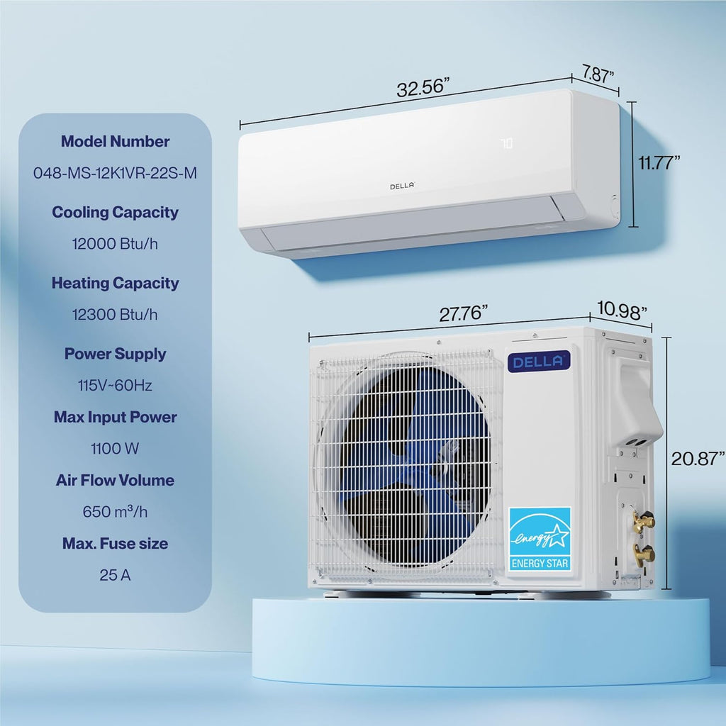 DELLA Serena Series 12000 BTU Mini Split AC, Energy Star 22 SEER2 115V, 1 Ton Inverter Heat Pump Ductless AC System for Rooms up to 550 Sq.Ft, WiFi & Alexa Control, Pre-Charged, 16.4ft Install Kit