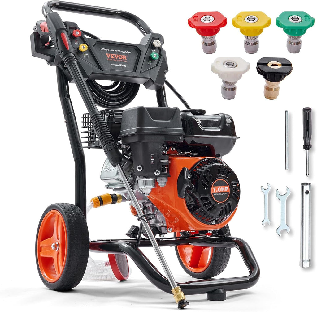 VEVOR Gas Powered Pressure Washer 3400 PSI 2.6 GPM  with Spray Gun and Extension Wand  5 Quick Connect Nozzles  Copper Pump
