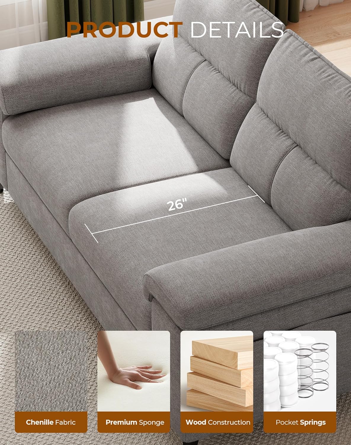 71.25" Modern Couches for Living Room, Deep Seat Sofa with 8” Cushion, Comfy 2-Seater Chenille Loveseat with Convertible Armrest, Removable Sofa Cover, High Leg(Light Gray)
