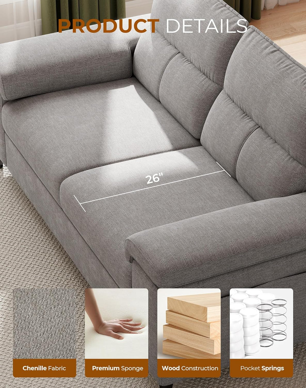 88.97" Modern Sofa Couches for Living Room, Deep Seat Sofas with 8”Cushion, Comfy 2-Seater Chenille Loveseat with Convertible Armrest, Removable Sofa Cover, High Leg(Light Gray)