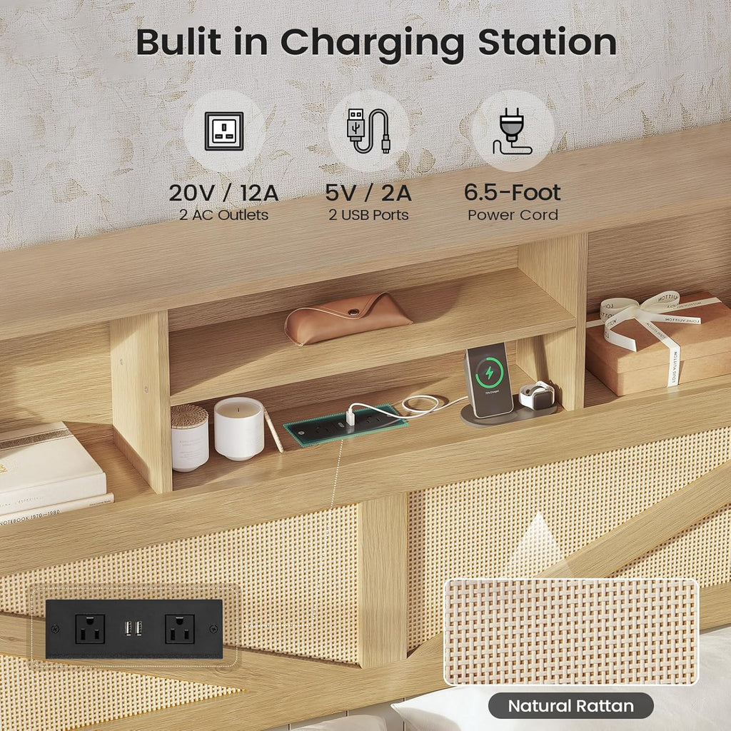 AOGLLATI Queen Bed Frame with 4 Storage Drawers and Natural Rattan 2-Tier Bookcase Hidden Headboard, Boho Led Bed Frame Queen Size with Charging Station, No Box Spring Needed, Wood