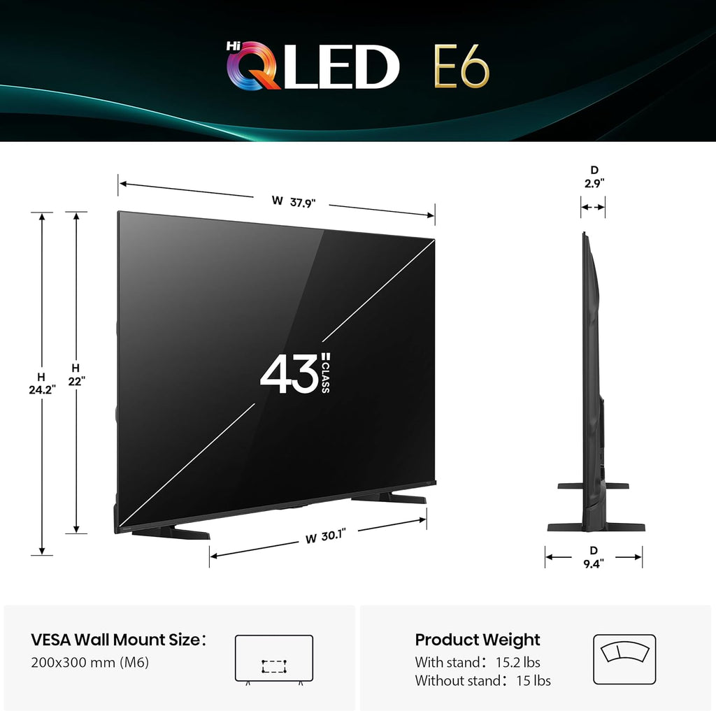 Hisense 43" E6 Cinema Series Hi-QLED 4K UHD Smart Fire TV (43E6QF  2025 Model) - AI Light Sensor  Dolby Vision · Atmos  Voice Remote with Alexa  Motion Rate 120  HDR 10+ Adaptive  Game Mode Plus