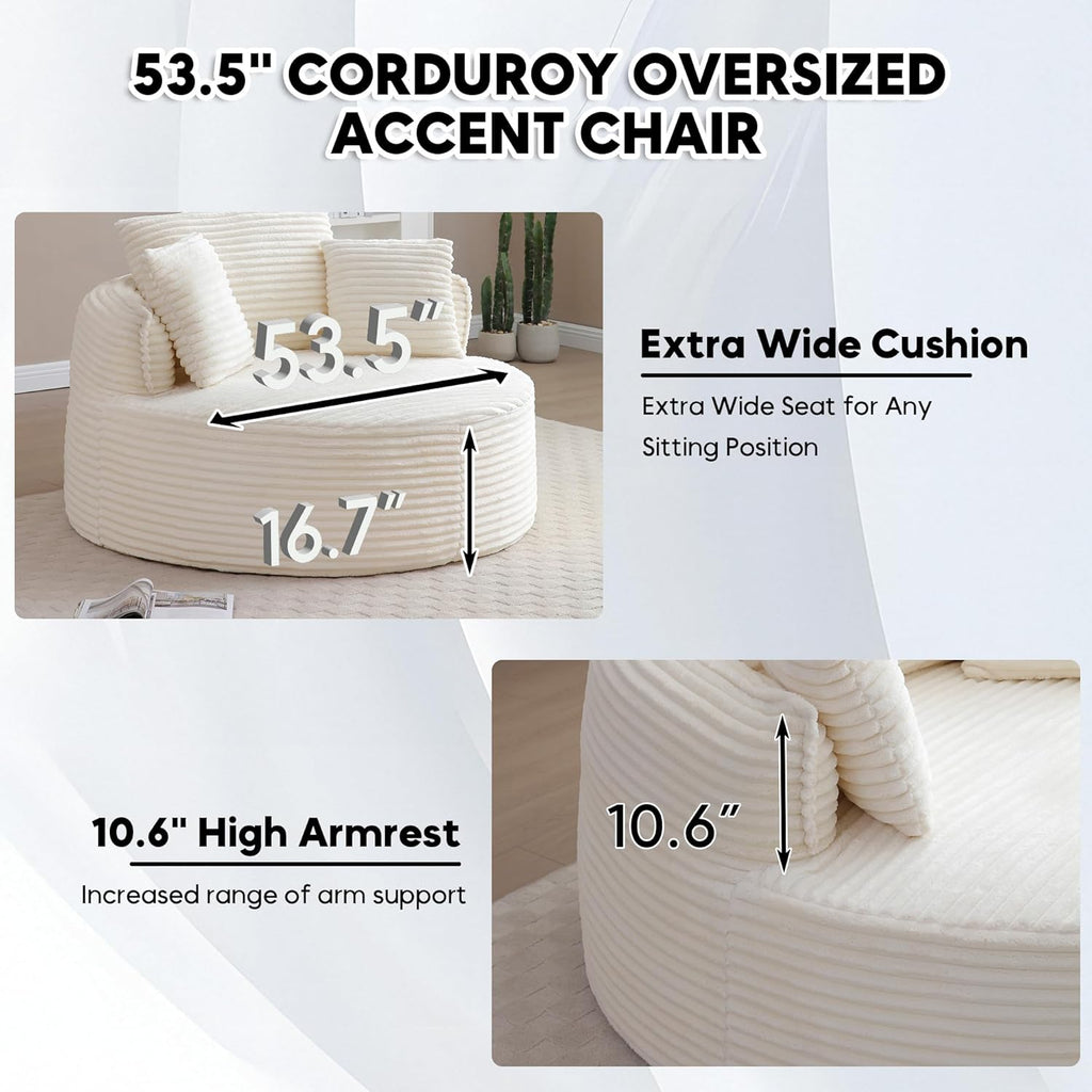 Oversized Round Chair Lounge Chaise Indoor, 53.5" Upholstered Corduroy Deep Seat Single Cloud Sofa Chair, Fluffy Modern Large Circle Boneless Sleeper Sofa for Living Room, Bedroom, Beige White