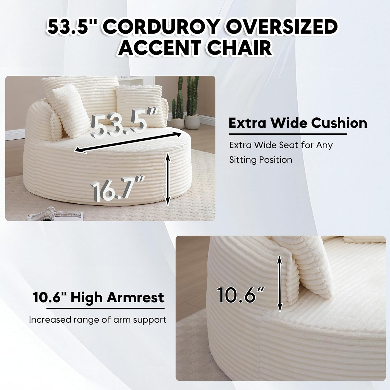 Oversized Round Chair Lounge Chaise Indoor, 53.5" Upholstered Corduroy Deep Seat Single Cloud Sofa Chair, Fluffy Modern Large Circle Boneless Sleeper Sofa for Living Room, Bedroom, Beige White