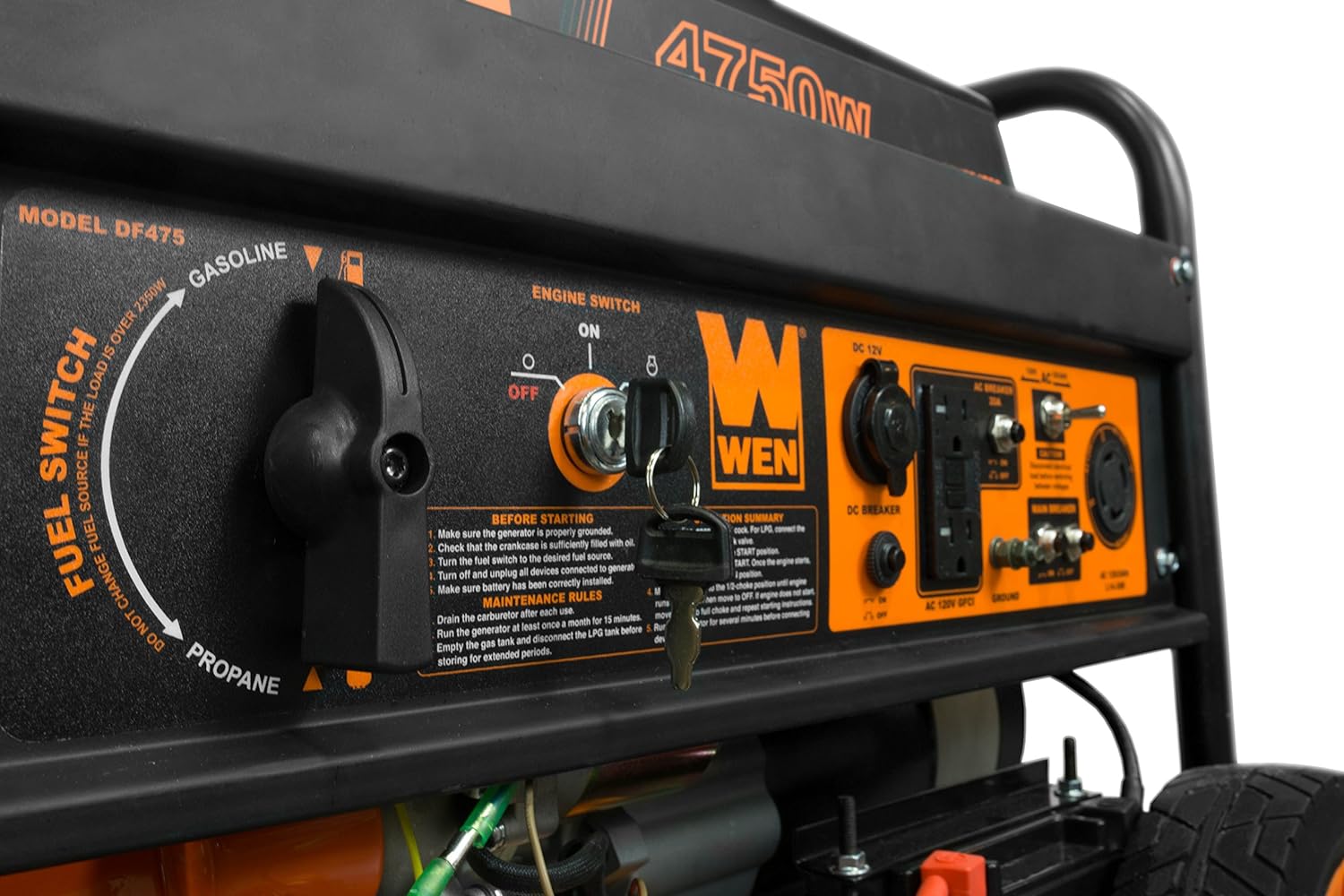 WEN 4 750-Watt 120V/240V Dual Fuel Portable Generator with Wheel Kit and Electric Start (DF475T)