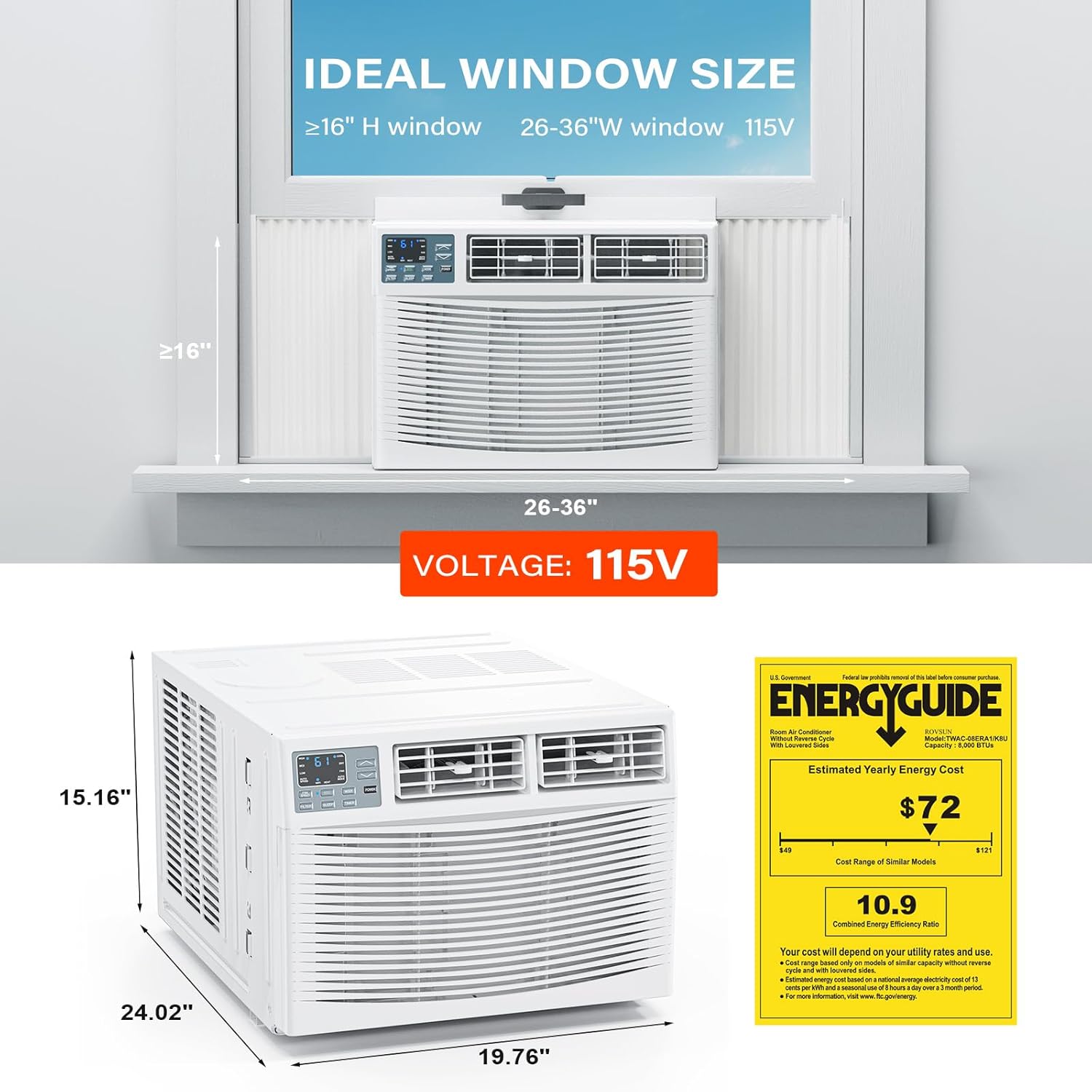 ROVSUN 8000 BTU Window Air Conditioner with Heat, Window AC Unit & Heater Combo with APP & Voice Smart Control, Timer Function & Easy Installation Kit, Work with Alexa/Google Assistant, 115V/60Hz