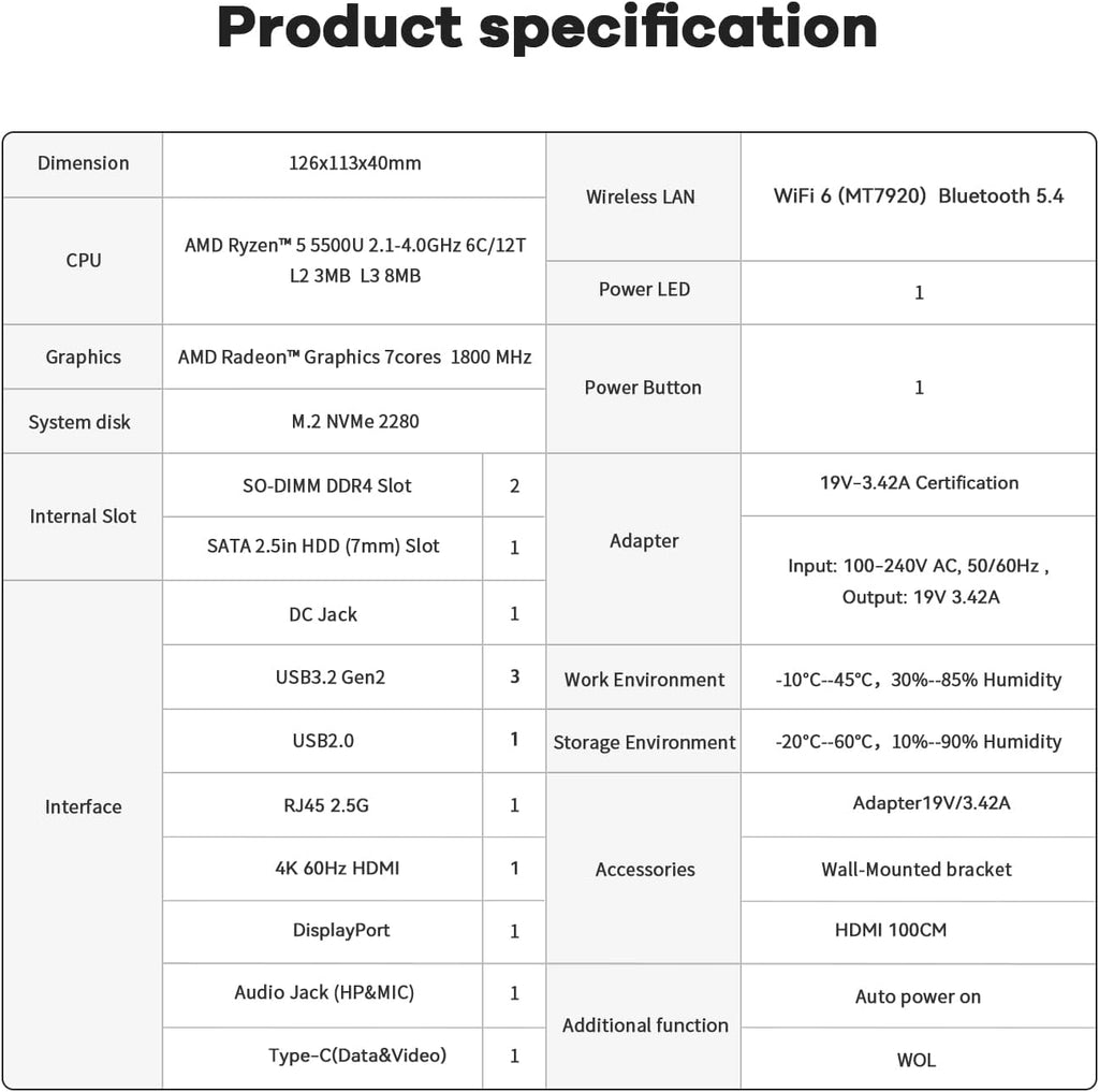 Beelink SER5 Mini PC AMD Ryzen 5 5500U(up to 4.0 GHz 6C/12T) Mini Computer with 16GB DDR4/500GB M.2 PCle4.0 SSD Support Triple Screen Display WiFi6 BT5.4 Type-C 2.5Gbps LAN