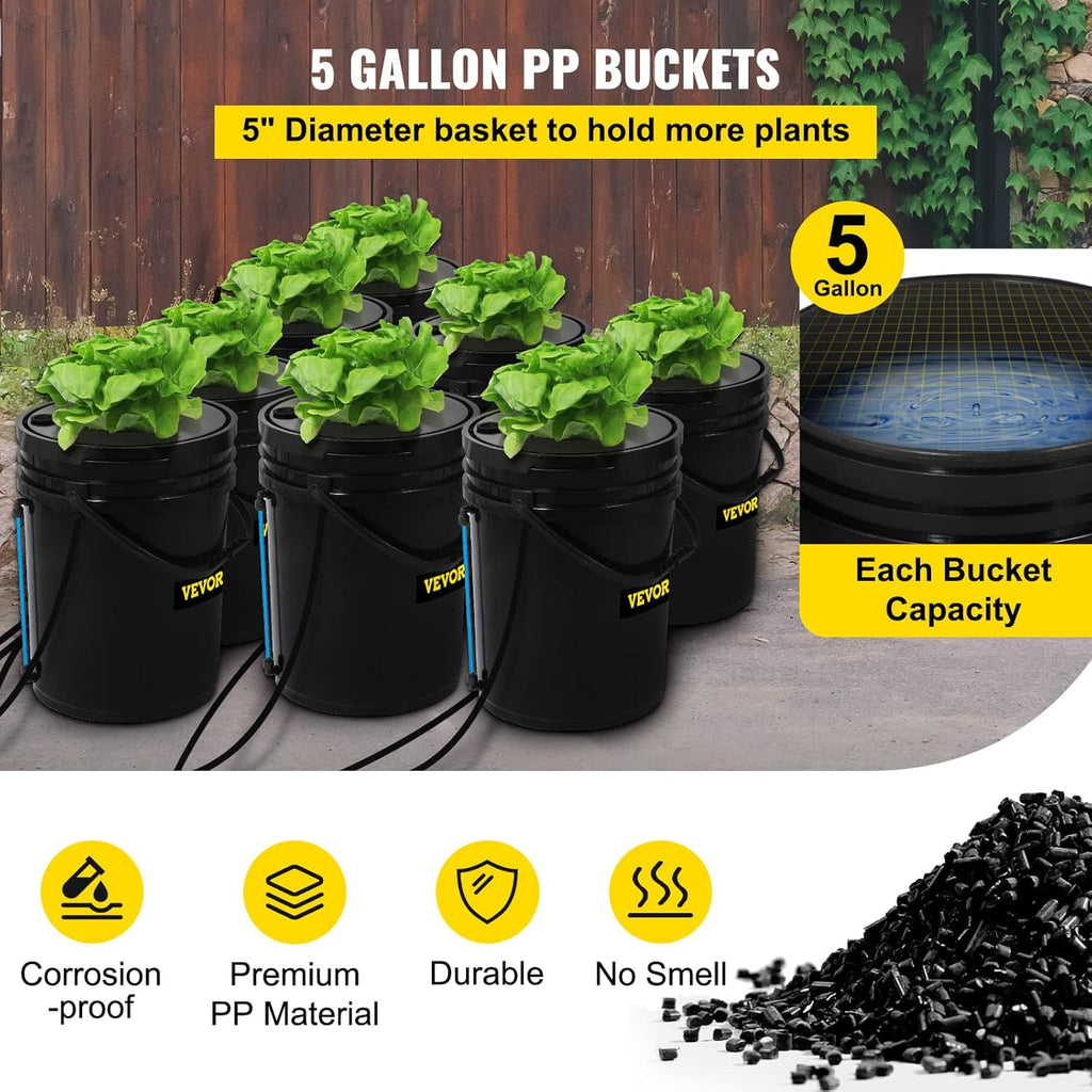 VEVOR DWC Hydroponic System  5 Gallon 8 Buckets  Deep Water Culture Growing Bucket  Hydroponics Grow Kit with Pump  Air Stone and Water Level Device  for Indoor/Outdoor Leafy Vegetables