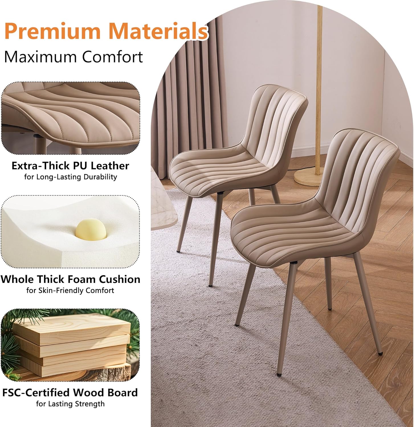 YOUNUOKE Mid-Century Modern Dining Chairs Set of 2, Khaki PU Leather Upholstered Kitchen Chairs with Khaki Metal Legs, Armless Accent Chair for Dining Room, Guest Reception Room