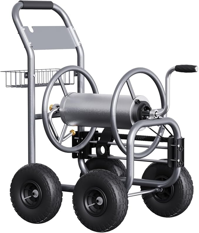 Giraffe Tools Heavy Duty Garden Hose Reel Cart with Wheels - Industrial Outdoor Hose Storage Reel  Pre-Installed Guide for 250-Feet of 5/8" Hose Capacity