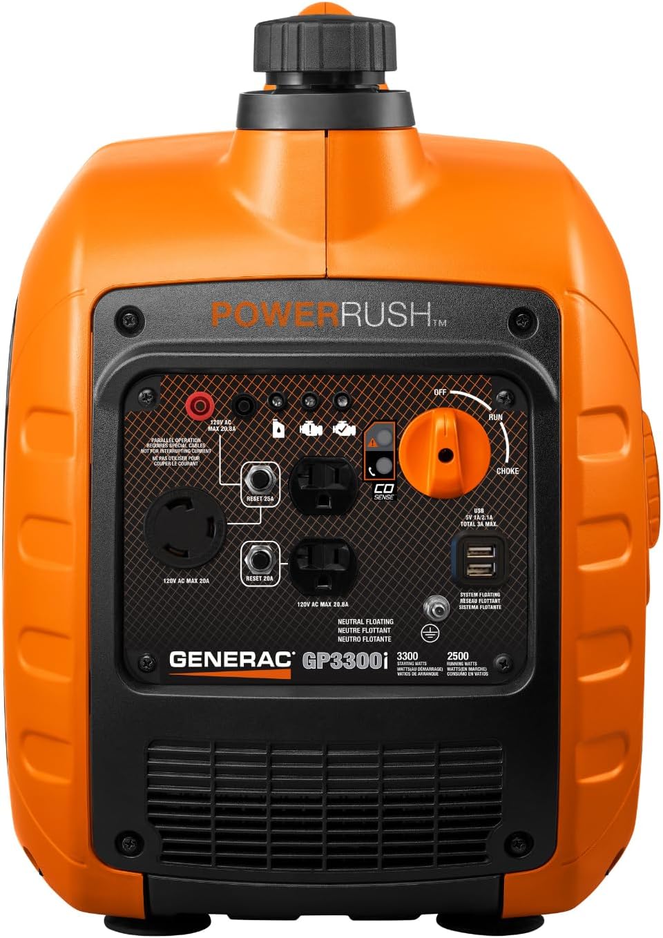 Generac 3 300-Watt Gas Powered Portable Inverter Generator - Lightweight and Compact - USB Ports for Device Charging - Produces Clean  Stable Power - Great for Home Backup  Camping  and RV Use