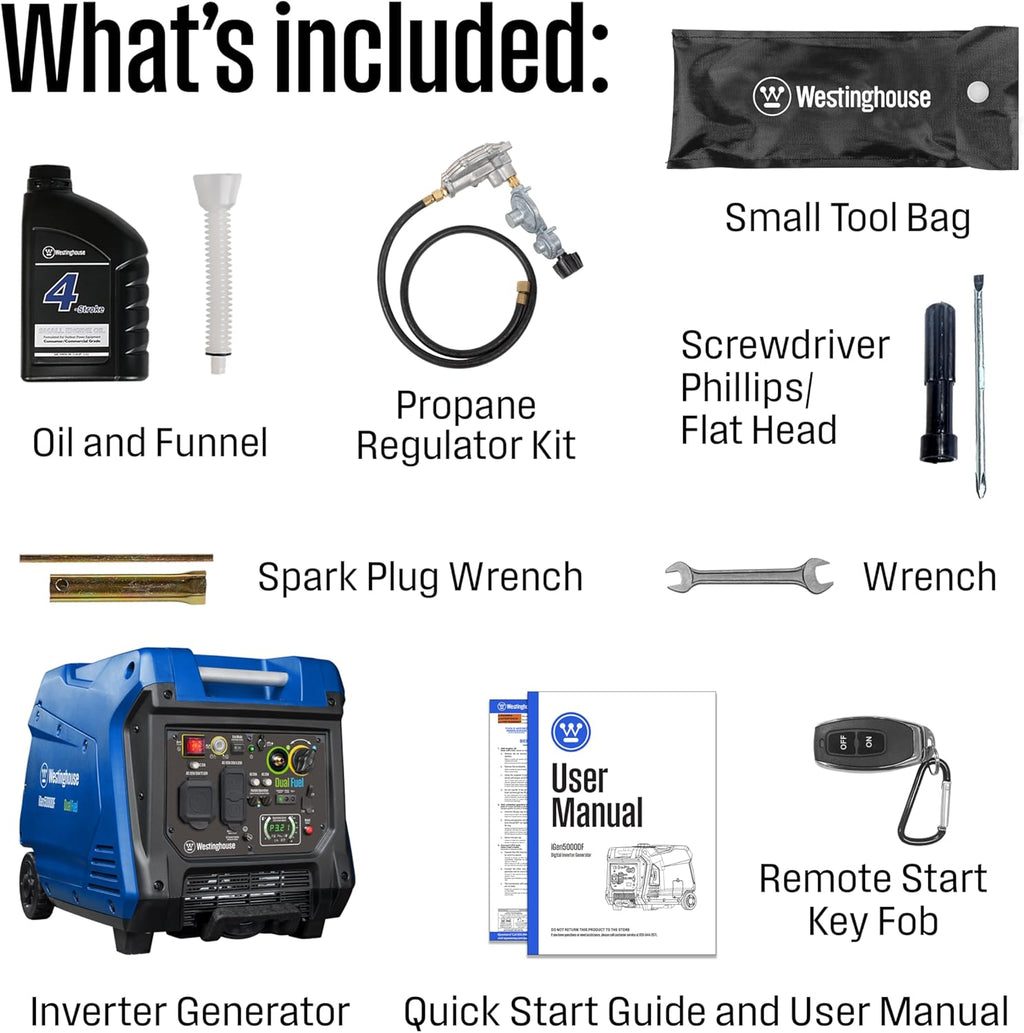 Westinghouse 5000 Peak Watt Super Quiet Dual Fuel Portable Inverter Generator  Remote Electric Start  Gas & Propane Powered  RV Ready 30A Outlet  Parallel Capable  Blue/Black