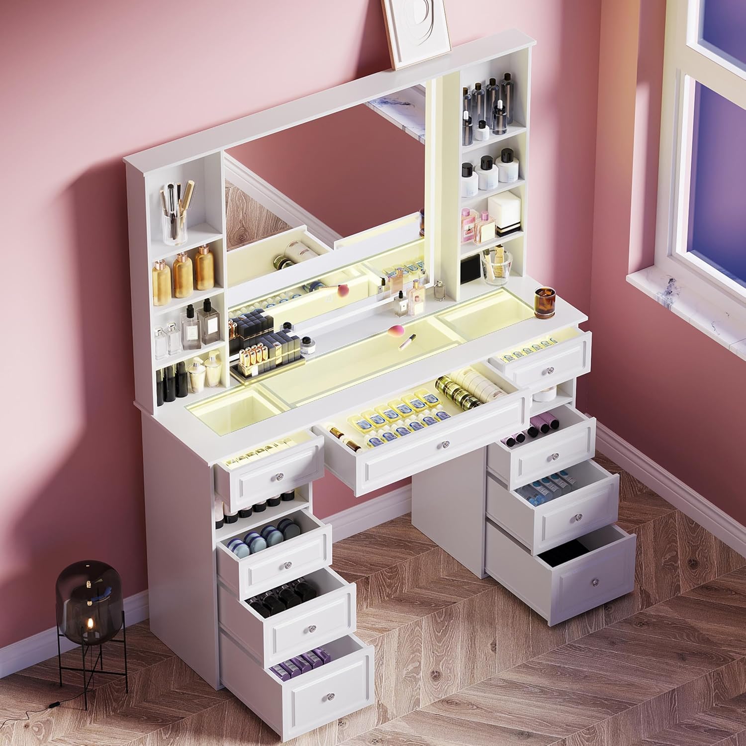 Vanity Desk with Mirror and Lights, Glass Top Dressing Table with 9 Drawers,European Style Vanity Table, Crystal Ball Knobs, White Makeup Desk (White-Glass Top)