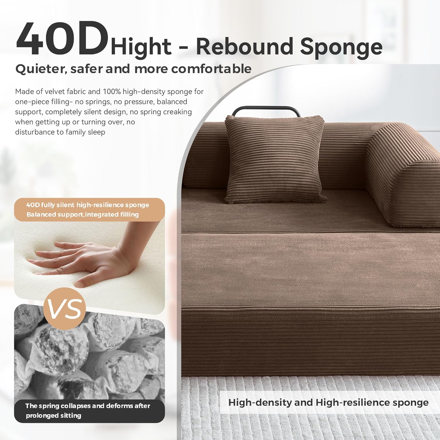 Convertible Modular Sleeper Sofa Bed, Mid Century Modern Decor Love Seat Memory Foam Couches, Sleeper Sofa Bed for Living Room, Solid & Easy to Install Cloud Couch (Brown)