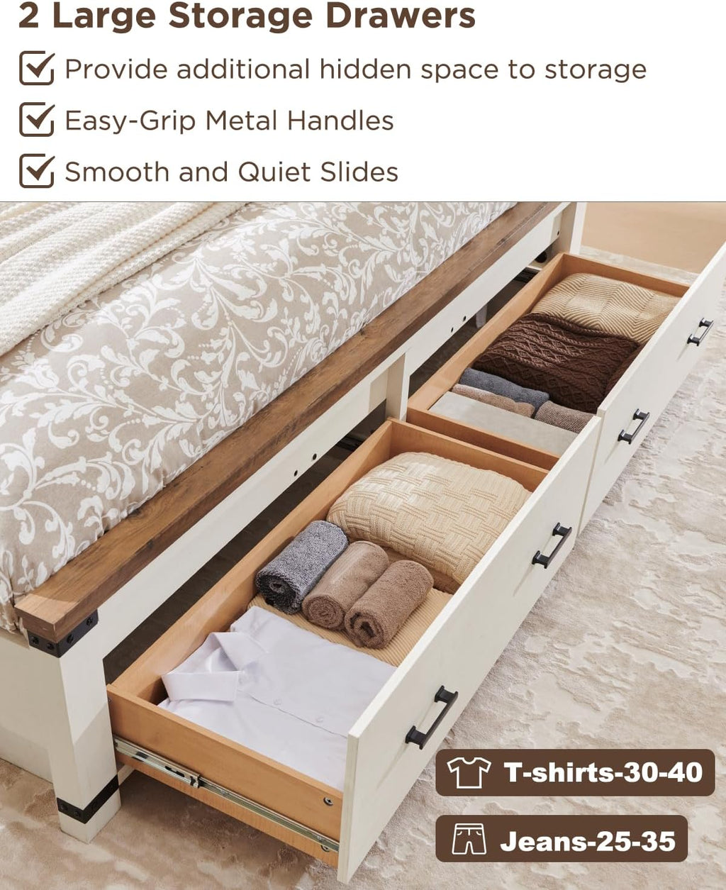 T4TREAM Farmhouse Queen Size Bed Frame with 54" Tall Geometric Headboard & 2 Large Storage Drawers, Rustic Wood Platform Bed with Wood Slats Support, No Box Spring Needed, Antique White