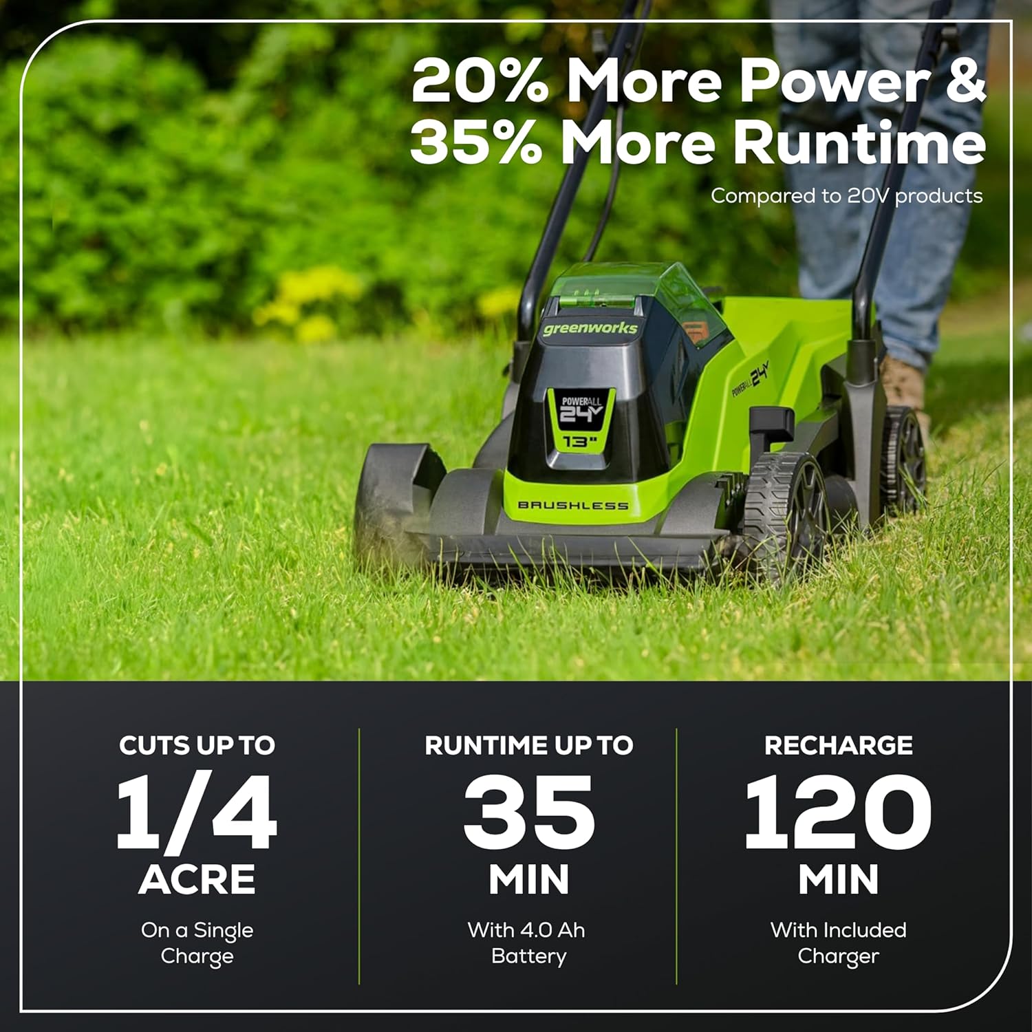 Greenworks 24V 13“ Brushless Cordless Lawn Mower with 4.0Ah Battery & Charger Maintenance-Free Push Mower with 2-in-1 Mulch/Bag