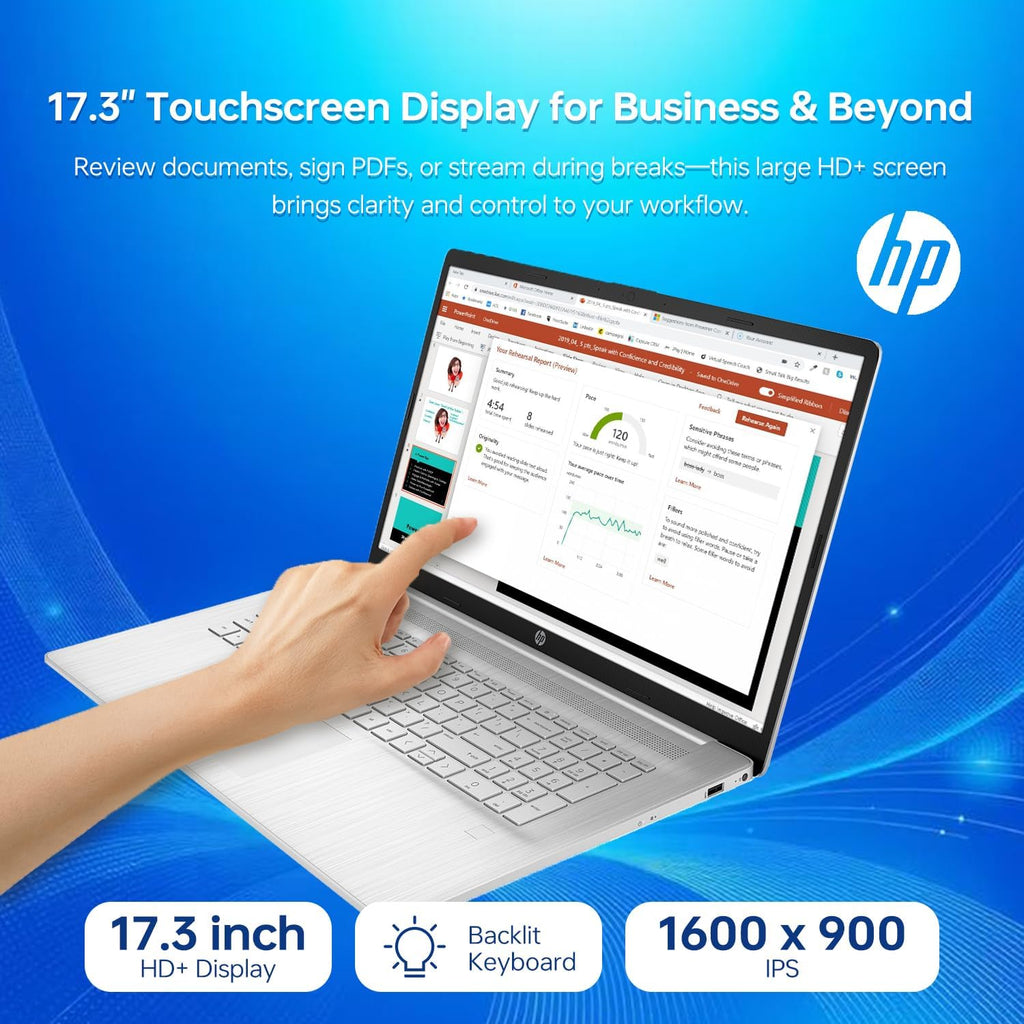 HP 17 Laptop  17.3" HD+ Touchscreen  Intel Core i7-1255U Processor  32GB RAM  1TB SSD  Webcam  HDMI  Backlit Keyboard  Wi-Fi  Windows 11 Home  Silver