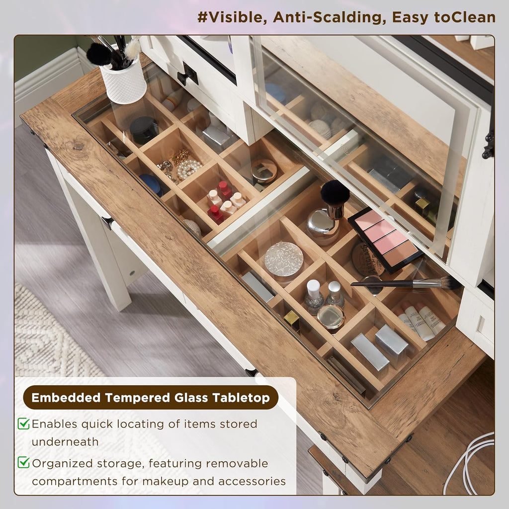 T4TREAM 48'' Farmhouse Makeup Vanity Desk with Sliding HD Mirror and Lights, Big Modern Lighted Vanity Table with 7 Drawers & Shelves, Rustic Large Dressing Table, Antique White