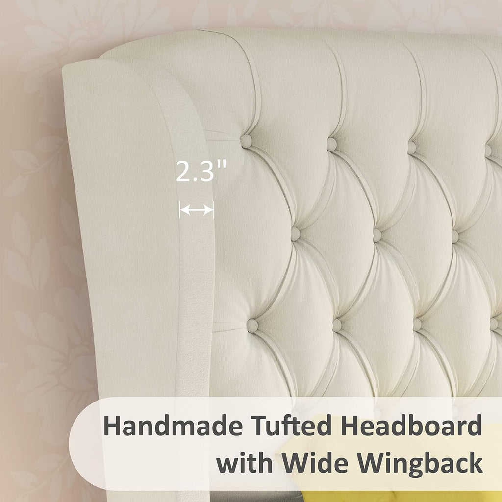 Queen Size Platform Bed Frame, Chenille Upholstered Sleigh Bed with Curved Headboard & Footboard, Deep Button Tufted, Wood Slats Support, No Box Spring Needed, Cream