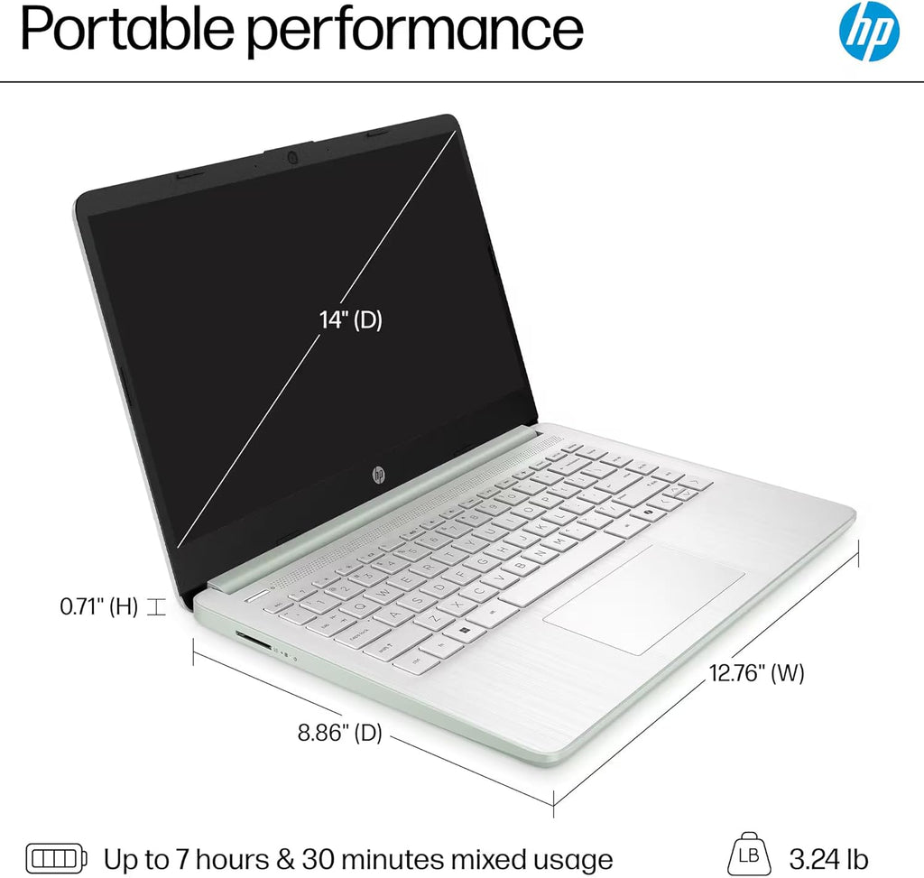 HP 14" Laptop Computer 2025-2026 Business Student  Copilot AI  Lifetime Office  4-Core Intel CPU  16GB RAM  628GB Storage (128GB UFS+500GB Ext)  Wi-Fi 6  10+ Hrs  MarxsolAccessory  Win 11 Pro  Green