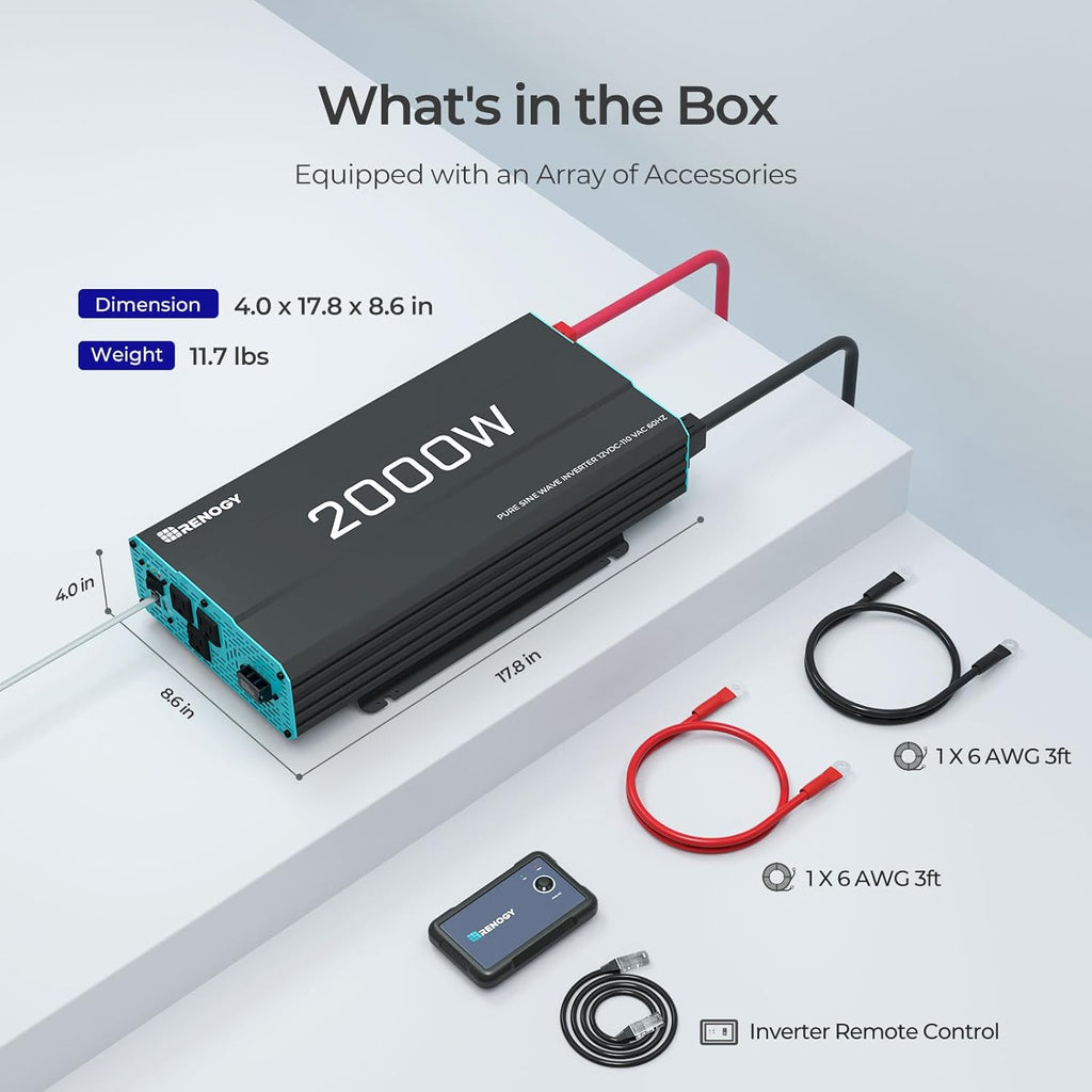 Renogy Inverter P2 2000W Pure Sine Wave Inverter 12V DC to 110V AC Converter  Off-Grid Solar Power Inverters for Vehicles  Truck  RV  Home  with Built-in 5V/2.1A USB / Hardwire Port  Remote Controller