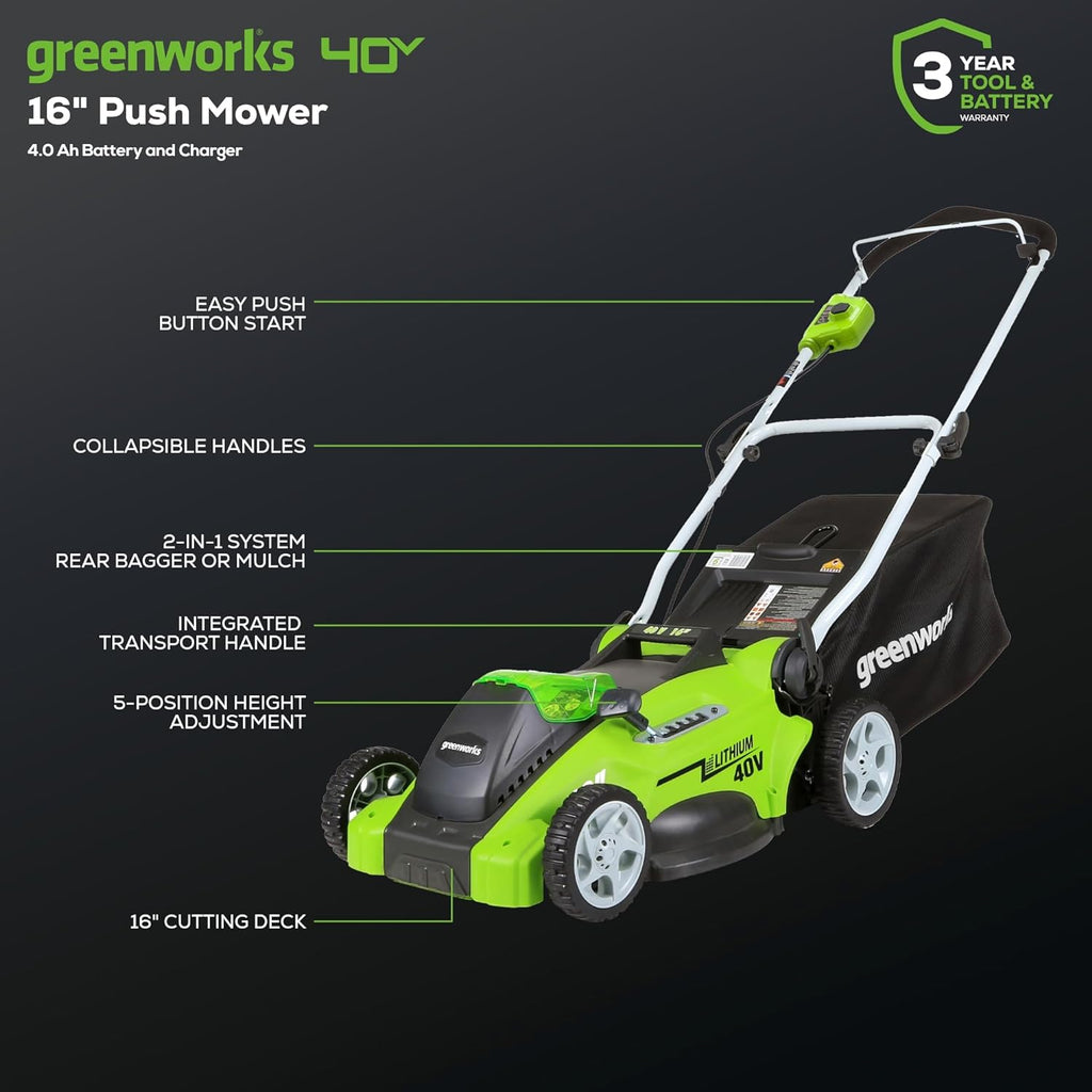 Greenworks 40V 16" Cordless Lawn Mower  Ultra-Light Push Mower with 4.0Ah Battery & Charger(75+ Tool Compatibility  45Min Runtime)